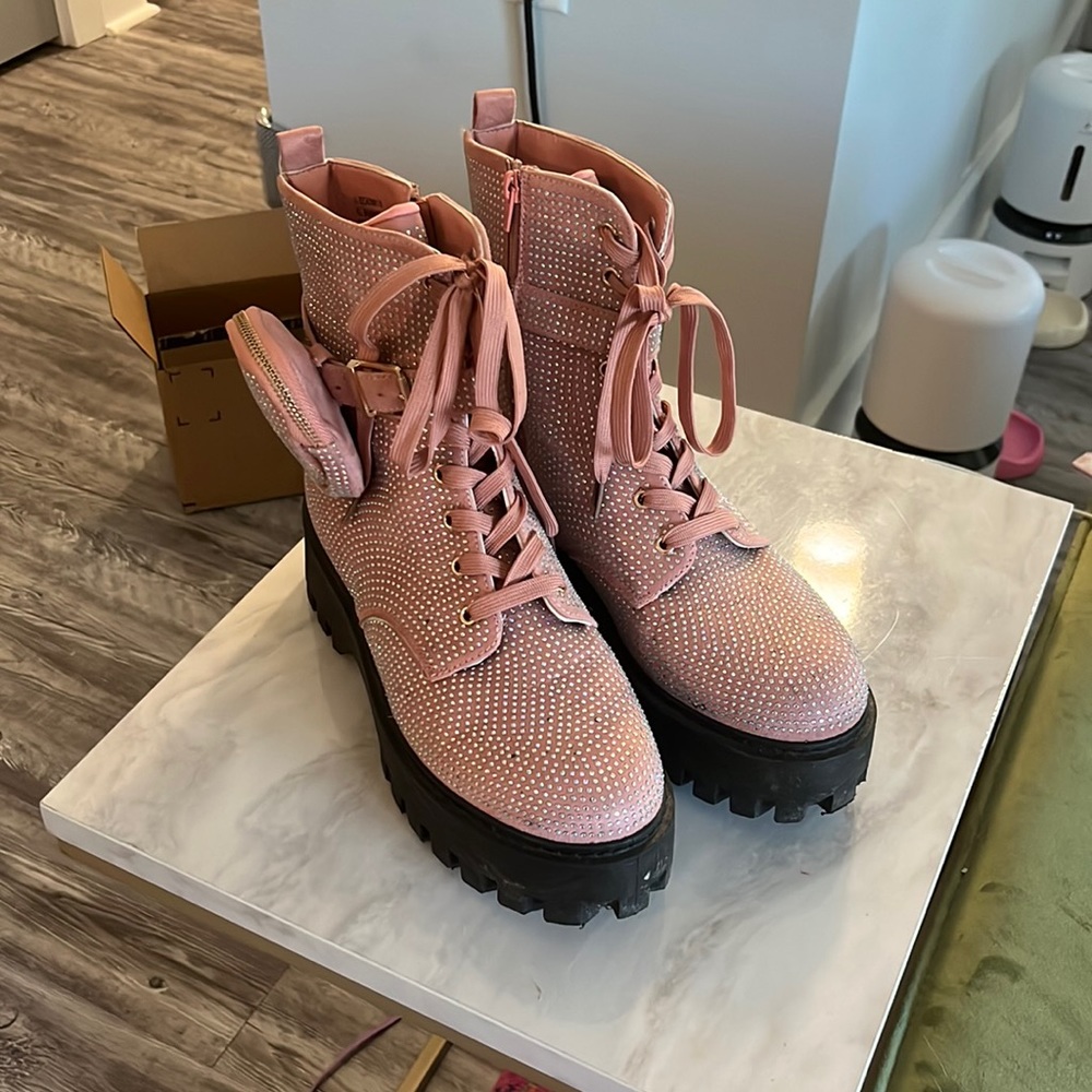 Pink Rhinestone platform combat boots size 11